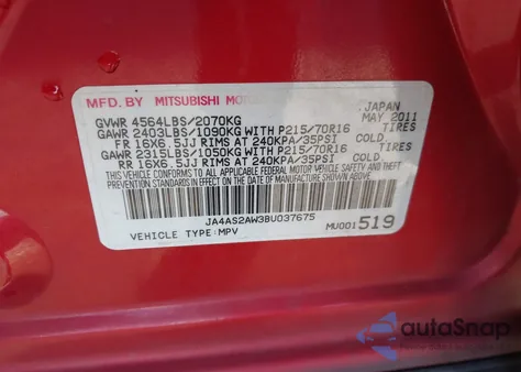 2011 Mitsubishi Outlander Es z USA, uszkodzony, nr VIN JA4AS2AW3BU037675